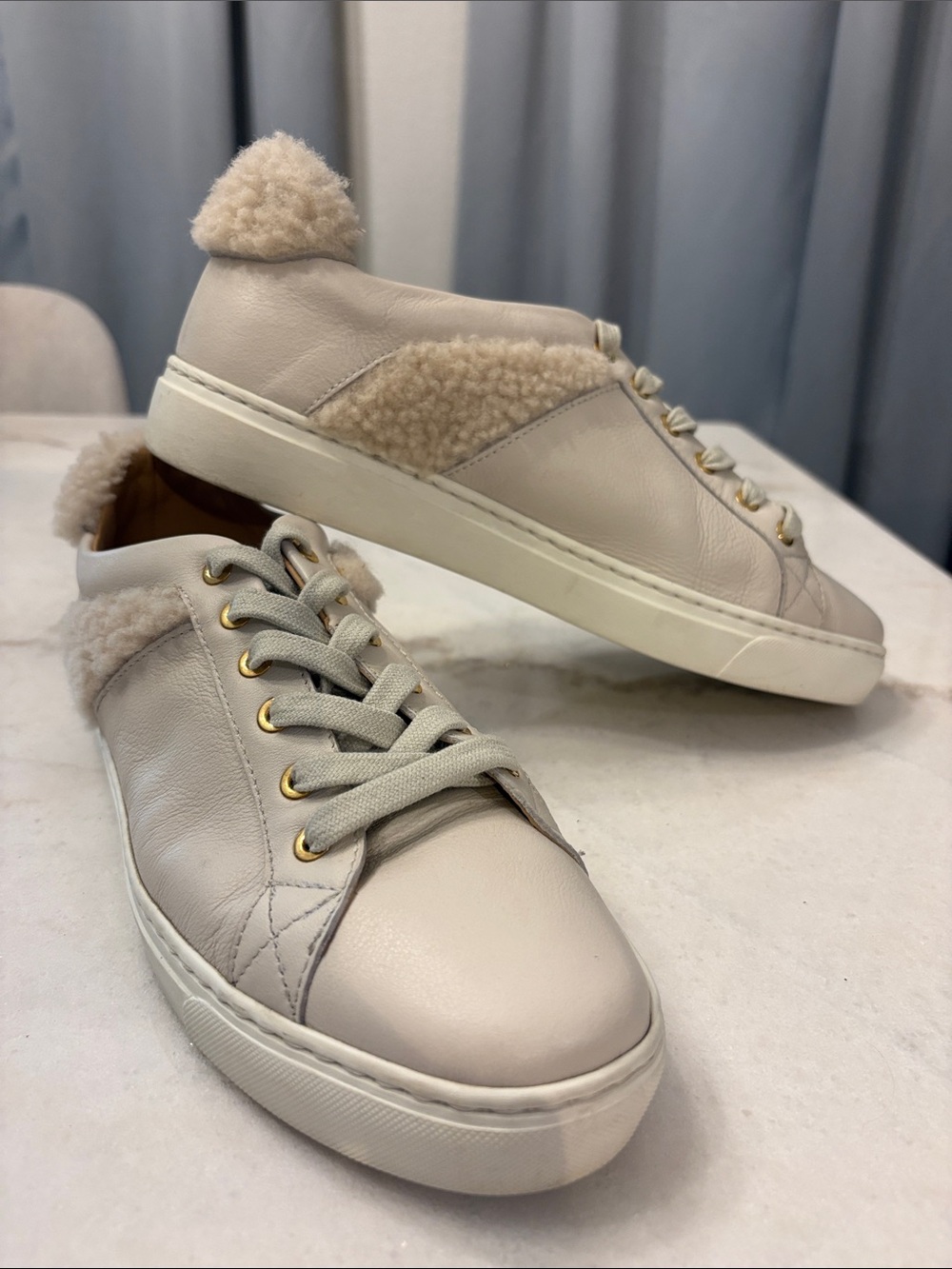 M. Gemi Women's Cream Leather Sneakers with Shearling Trim